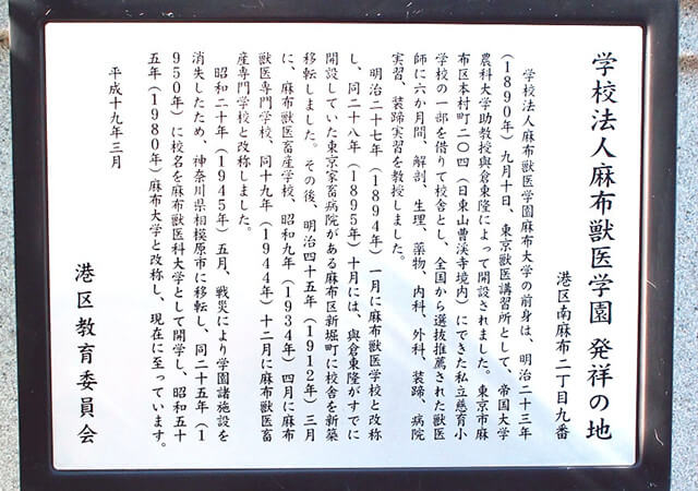 「麻布獣医学園発祥の地」説明文