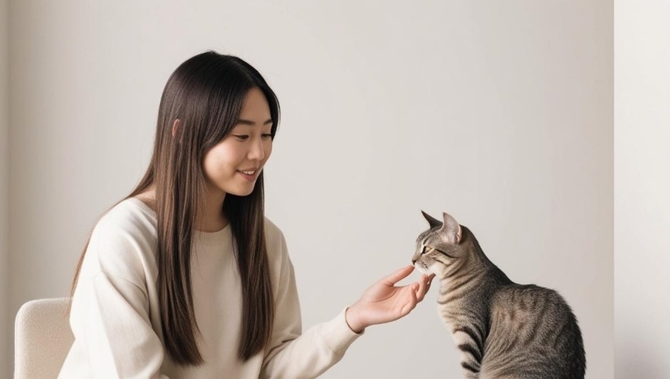 ネコに話しかける若者