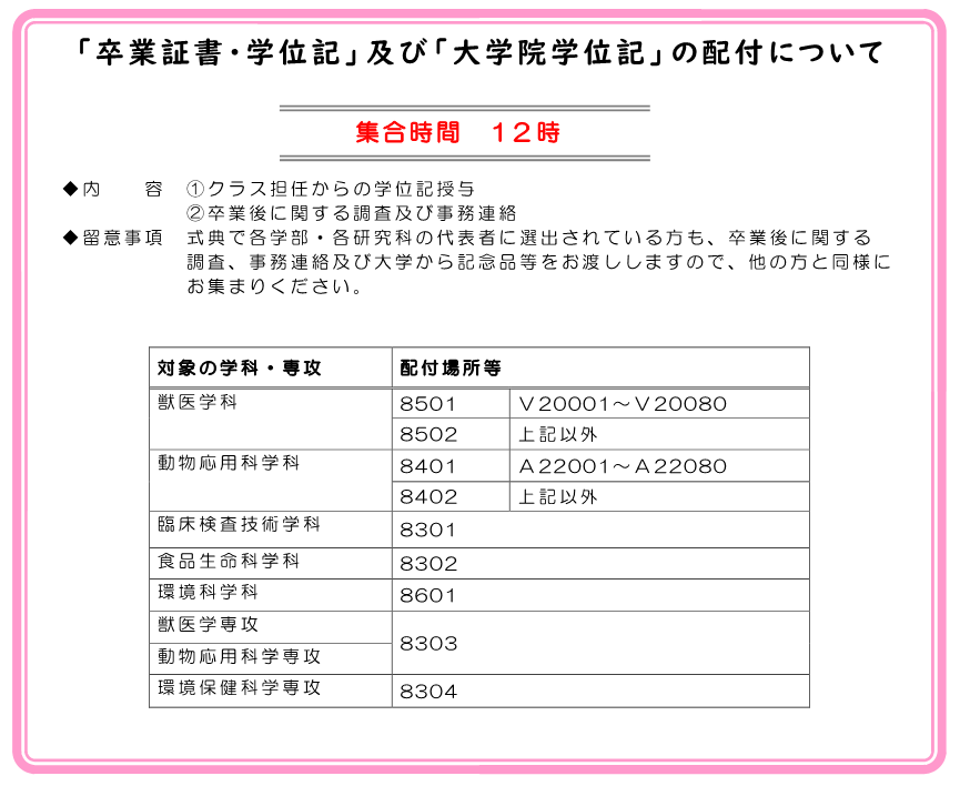 「卒業証書・学位記」等の配付